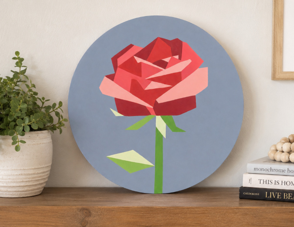 Abstract Geometric Rose Round Wall Art Wood Panel Hand-Painted Boho Farmhouse De